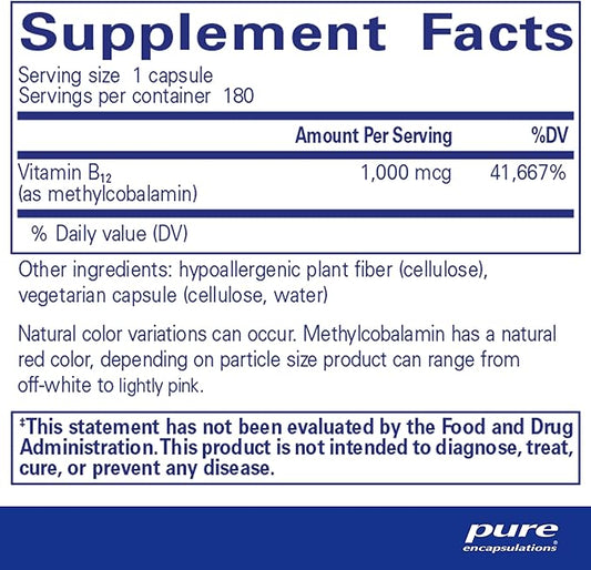 Pure Encapsulations Methylcobalamin 1,000 mcg - Vitamin B12 Supplement to Support Memory & Nerve Health - Premium Vitamin B12 Capsules - 180 Capsules
