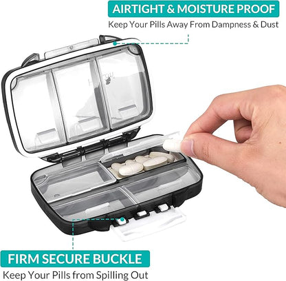 Fullicon Portable Pill Organizer Weekly, Small Travel Pill Case with 7 Compartment, Moistureproof and Airtight Pill Box, Travel Pill Holder for Vitamins/Fish Oils/Supplements