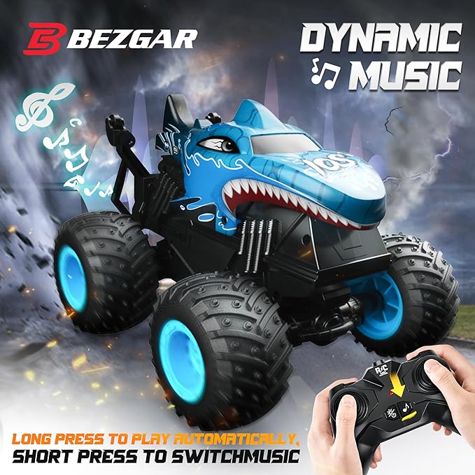 BEZGAR Monster Truck Toys - Remote Control Monster Truck with Light & Music, Dinosaur Toys for Kids, 1:20 Scale RC Truck with 360° Spins and Drifting, Remote Control Car for Boys Blue