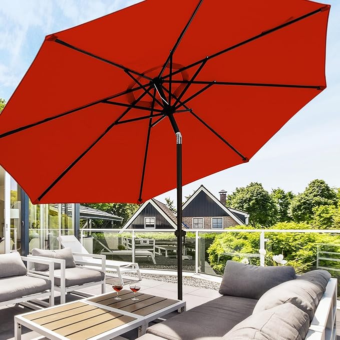 wikiwiki 10 FT Patio Umbrellas Outdoor Table Market Umbrella with Push Button Tilt/Crank, 8 Sturdy Ribs, Fade Resistant Waterproof POLYESTER DTY Canopy for Garden, Lawn, Deck, Backyard & Pool, Red