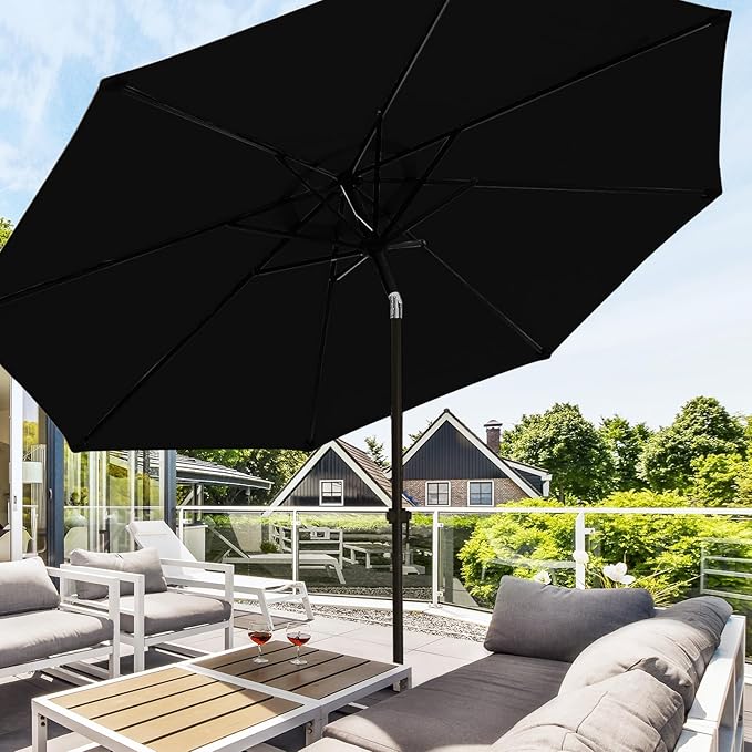 wikiwiki 10 FT Patio Umbrellas Outdoor Table Market Umbrella with Push Button Tilt/Crank, 8 Sturdy Ribs, Fade Resistant Waterproof POLYESTER DTY Canopy for Garden, Lawn, Deck, Backyard & Pool, Black