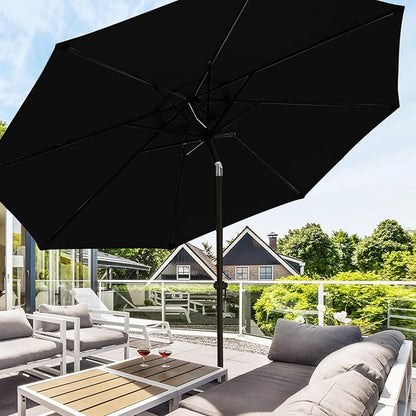 wikiwiki 10 FT Patio Umbrellas Outdoor Table Market Umbrella with Push Button Tilt/Crank, 8 Sturdy Ribs, Fade Resistant Waterproof POLYESTER DTY Canopy for Garden, Lawn, Deck, Backyard & Pool, Black