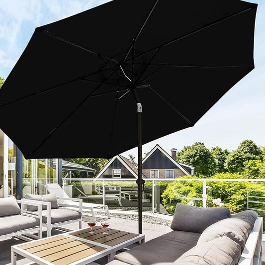 wikiwiki 10 FT Patio Umbrellas Outdoor Table Market Umbrella with Push Button Tilt/Crank, 8 Sturdy Ribs, Fade Resistant Waterproof POLYESTER DTY Canopy for Garden, Lawn, Deck, Backyard & Pool, Black