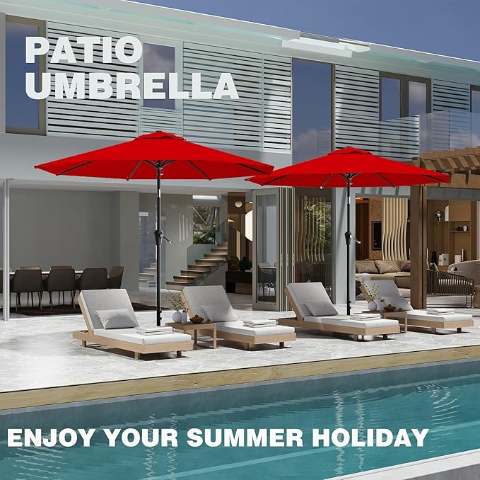 9 FT Patio Umbrella for Outdoor, Outdoor Umbrella with Push Button Tilt and Crank, Outdoor Patio Umbrellas with 8 Sturdy Ribs for Market, Garden, Deck, Backyard, Pool (Red)