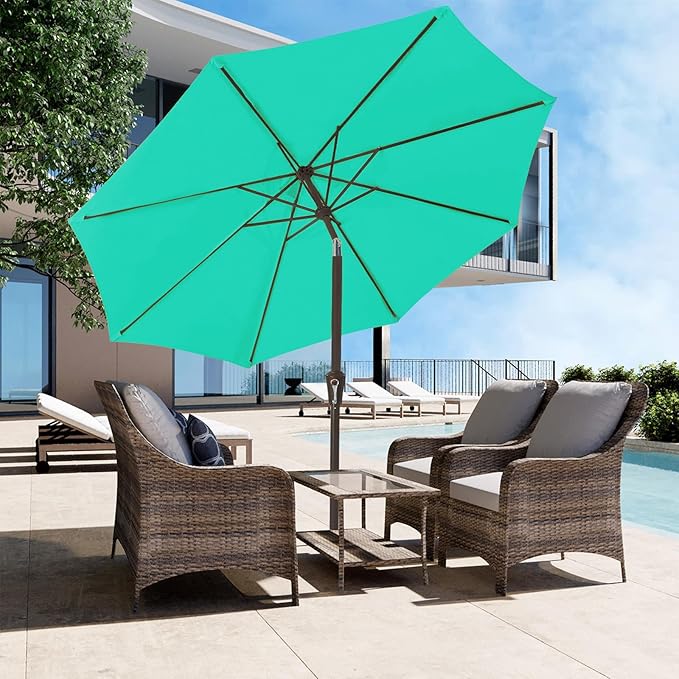 JEAREY 9FT Outdoor Patio Umbrella Outdoor Table Umbrella with Push Button Tilt and Crank, Market Umbrella 8 Sturdy Ribs UV Protection Waterproof for Garden, Deck, Backyard, Pool (Clear Blue)
