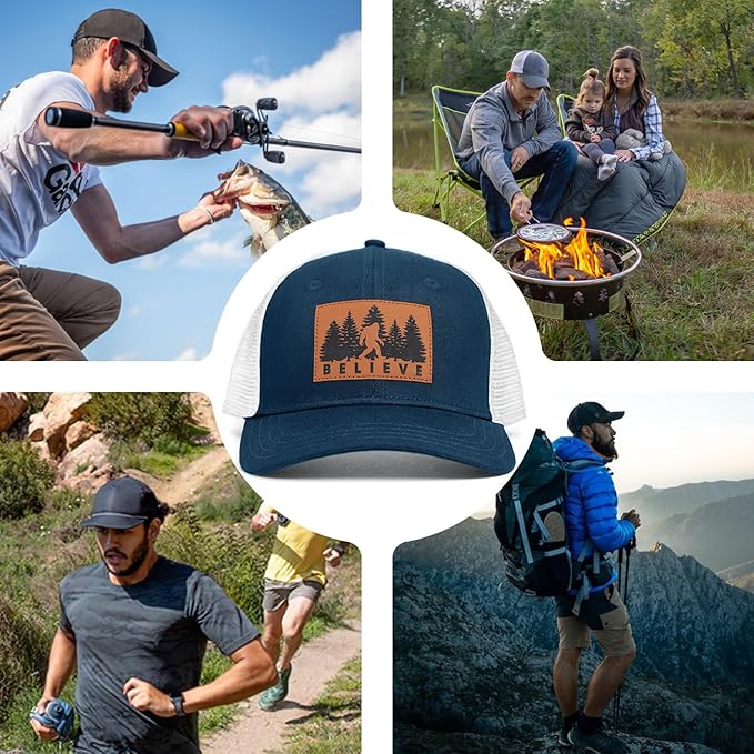 Mesh Bigfoot Hat Leather Cap for Men- Great Snapback Closure Sasquatch Hat for Hunting & Hiking