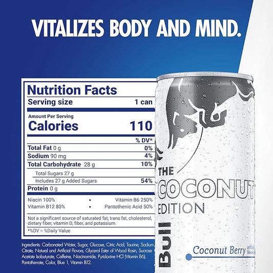 Red Bull Coconut Edition Energy Drink, Coconut Berry, with 80mg Caffeine plus Taurine & B Vitamins, 8.4 Fl Oz, Pack of 24 Cans
