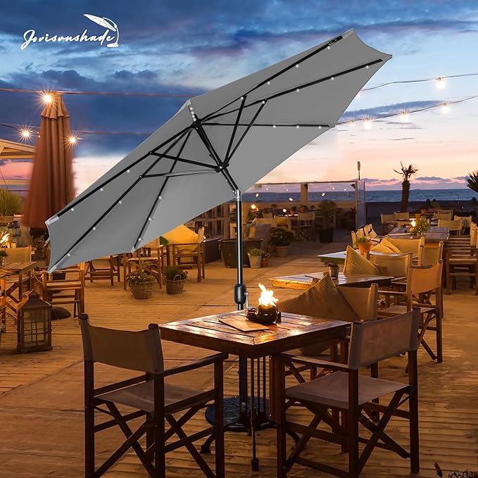 9FT LED Patio Umbrella, Solar Outdoor Umbrellas with LED Lights, Deck Umbrella with Push Button Tilt and Crank, UV Protection Waterproof for Pool, Porch, Garden, Deck, Backyard. (Gay)