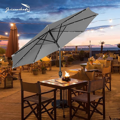 9FT LED Patio Umbrella, Solar Outdoor Umbrellas with LED Lights, Deck Umbrella with Push Button Tilt and Crank, UV Protection Waterproof for Pool, Porch, Garden, Deck, Backyard. (Gay)