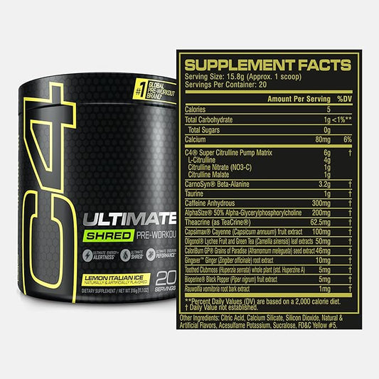 Cellucor C4 Ultimate Shred Pre Workout Powder for Men & Women, Metabolism Supplement with Ginger Root Extract, Lemon Italian Ice, 20 Servings (Pack of 1)