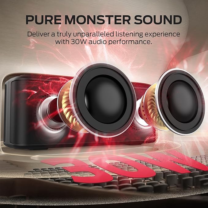 Monster Shock Plus Bluetooth Speaker, Portable Speaker with 30W Loud Stereo Sound, Bluetooth 5.4, TWS Pairing, 15H Playtime, Support AUX/TF Card, IPX6 Waterproof Wireless Speakers for Outdoor, Party