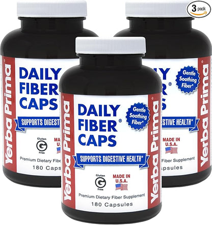 Yerba Prima Daily Fiber Capsules – 180 Caps (Pack of 3) - Soluble Dietary Fiber Supplement - Colon Cleanse - Gut Health - Constipation Relief – Vegan, Non-GMO, Gluten-Free