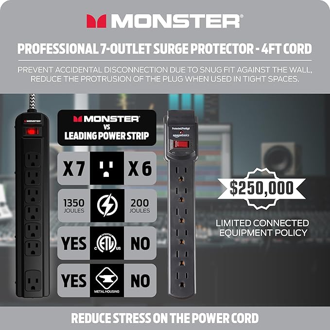 Monster Pro MI Professional Surge Protector Power Strip with Fireproof MOV Technology for Computers, Amplifiers, Pedal Boards, and Pro Audio Gear, 1350 Joule, 4 ft Cord, 7 Outlet Power Strips