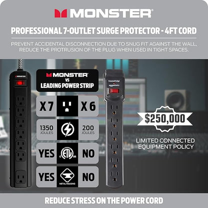 Monster Pro MI Professional Surge Protector Power Strip with Fireproof MOV Technology for Computers, Amplifiers, Pedal Boards, and Pro Audio Gear, 1350 Joule, 4 ft Cord, 7 Outlet Power Strips
