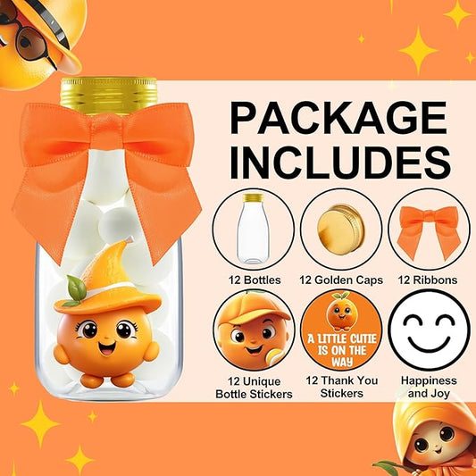 Small 12 Pack Little Cutie Baby Shower Party Favors - Candy Jars with Ribbons and Stickers - DIY Party Decoration Bottles for Little Cutie is on the Way Gender Reveal - Orange Table Centerpiece