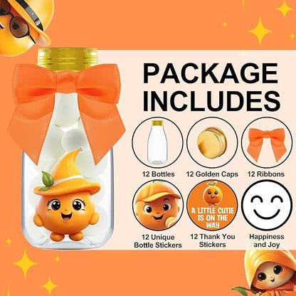 Small 12 Pack Little Cutie Baby Shower Party Favors - Candy Jars with Ribbons and Stickers - DIY Party Decoration Bottles for Little Cutie is on the Way Gender Reveal - Orange Table Centerpiece