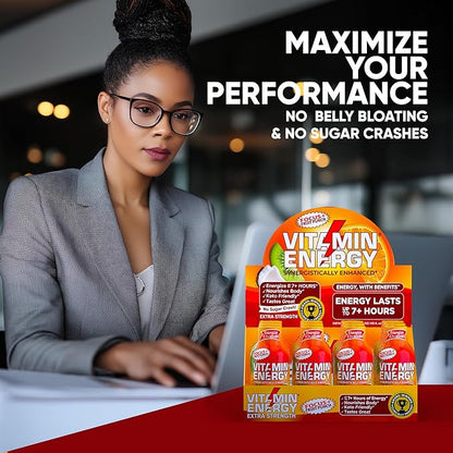 Vitamin Energy Focus+ Extra Strength Daily Energy Shot – Fruit Punch – 260mg Natural Caffeine, 100% DV B-Vitamins – Focus & Productivity Support – Zero Sugar, Vegan, Kosher – 1.93 fl oz, 12-Pack