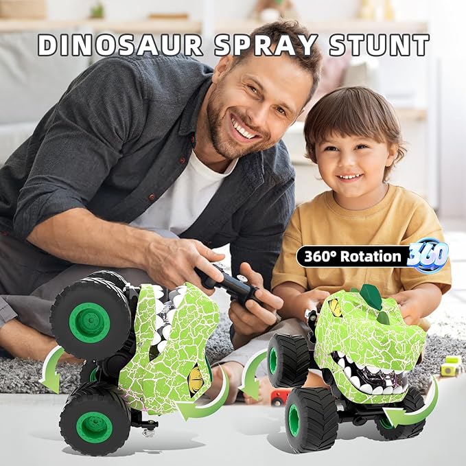 Dinosaur Remote Control Car,RC Monster Trucks for Boys 3-12 Year Old,360° Rotating RC Stunt Car Truck Toys with Spray,Light & Sound,All Terrain RC Cars Birthday Party Gift for Kids (Green)