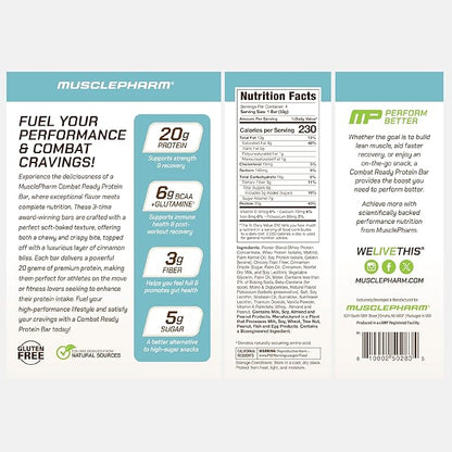 MusclePharm Combat Ready Protein Bar, Cinnamon Roll High Protein Bars, Combat Cravings, Fuel Performance & Meet Energy Demands, 20g Protein from Whey Protein, 3g Fiber, Gluten Free, 4 Bars