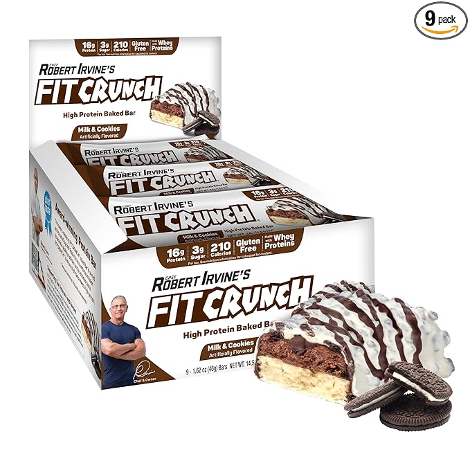 FITCRUNCH Snack Size Protein Bars, World’s Only 6-Layer Baked Bar, Just 3g of Sugar & Soft Cake Core (9 Count, Milk & Cookies)