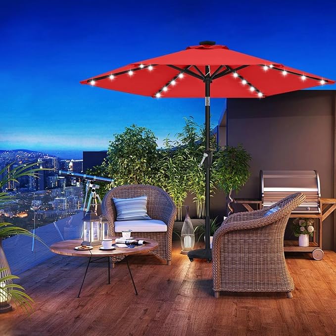 ABCCANOPY Durable Solar Led Patio Umbrellas with 24LED Lights 7.5FT with 6 Sturdy Ribs (Logo Red)