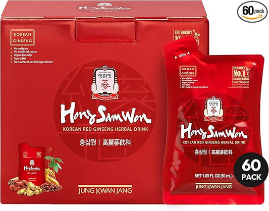 HongSamWon - Korean Red Ginseng Tea, Pre and Post Workout Herbal Energy Drink with Jujube, Cinnamon Ginger & Goji Berry - Caffeine Free, Non-GMO (60 Pouches, 1.69 fl oz)
