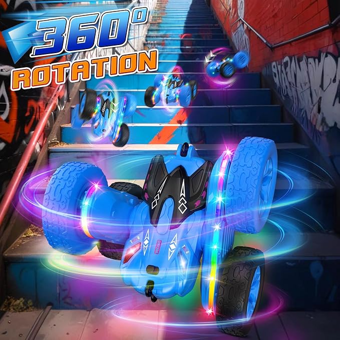 Remote Control Car,RC Cars with Sides Light Strip and Headlights,Double Sided 360 Flips Rotating RC Stunt Car,2.4Ghz All Terrain Toys for Ages 4-6 Kids Toy for Boys Girls Birthday Gift(Blue)