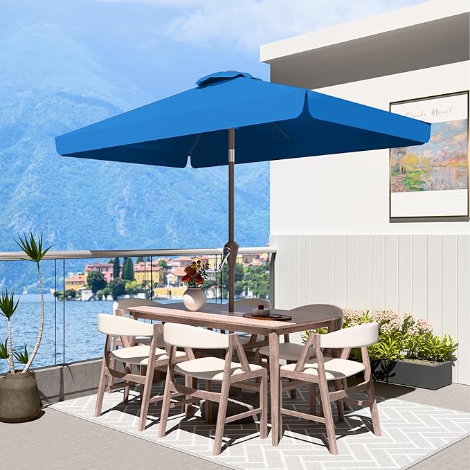 6.5 * 10FT Rectangular Patio Umbrella Table Market Umbrella w/Tilt and Crank Outdoor Umbrellas for Garden, Deck, Backyard, Pool and Beach, Royal Blue