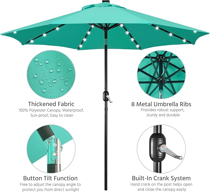 Yaheetech 9FT Solar Powered Patio Umbrella - UV Protection Market Table Umbrella w/ 32 LED Lights & Push Button Tilt & Crank Lift System for Garden/Lawn/Deck/Backyard/Pool, Turquoise