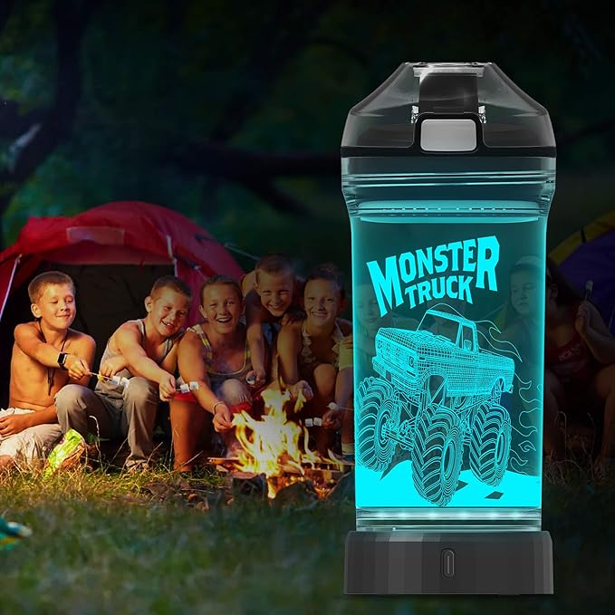 Lightzz Kids Water Bottle with 3D Glowing Monster Truck LED Light - 14 OZ Tritan BPA Free - Creative Ideal Travel Cup Car Race Gift for School Kid Boy Child Holiday Camping Picnic