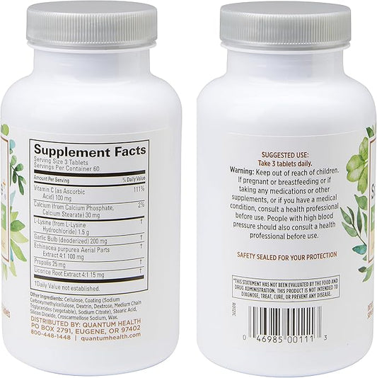 Quantum Health Super Lysine+ / Advanced Formula Lysine+ Immune Support with Vitamin C, Echinacea, Licorice, Propolis, Odorless Garlic (180 Tablets), Packaging may vary