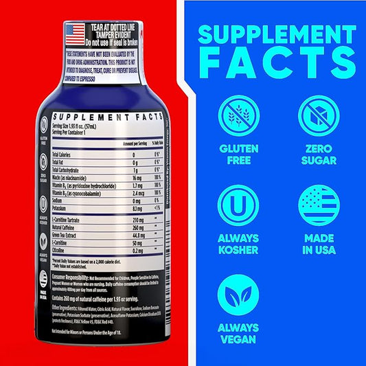 Vitamin Energy Immune+ Extra Strength Daily Energy Shot – Blue Raspberry – 260mg Natural Caffeine, B-Vitamins, Green Tea, Citicoline – Immune & Focus Support – Zero Sugar, Vegan – 1.93 fl oz, 48-Pack