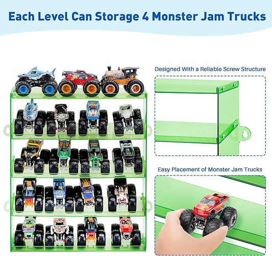 Assembly Monster Trucks Display Case Holding for 20 Monster Trucks Acrylic Storage Case 5 Tiers Monster Trucks Organizer with Tilted Design, Display Case for Toy Trucks (Green)
