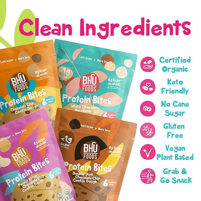 Bhu Foods Keto Bites, Cookie Dough Lovers Variety Pack, Chocolate Chip, Dark Chocolate, Macadamia & Peanut Butter, Organic Snacks for Adults, Individually Wrapped (4 Pack)