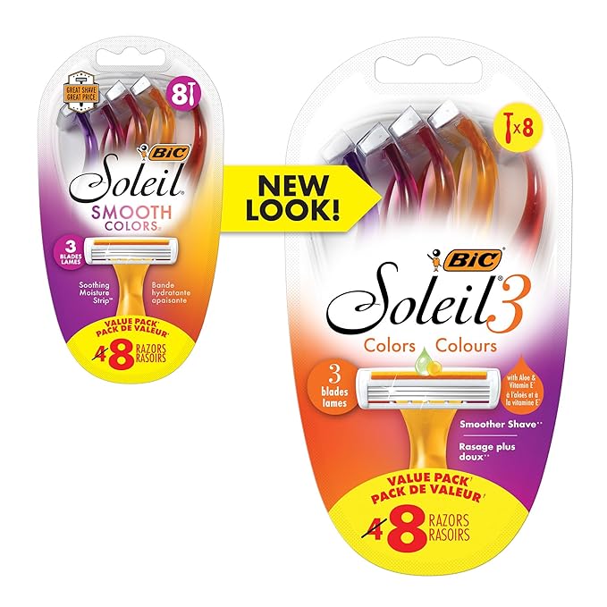 BIC Soleil Smooth Colors Women's Disposable Razors With Aloe Vera and Vitamin E Lubricating Strip for Enhanced Glide, With 3 Blades, 8 Count