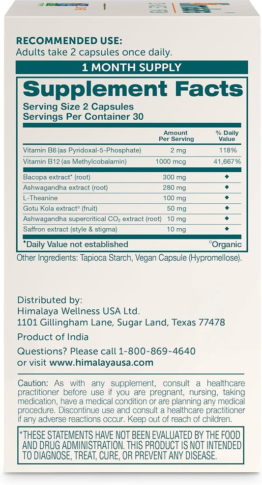 Himalaya Focused Mind with Ashwagandha, Bacopa & L-Theanine for Focus, Energy and Attention, 60 Capsules, 1 Month Supply, Vegan, Gluten Free