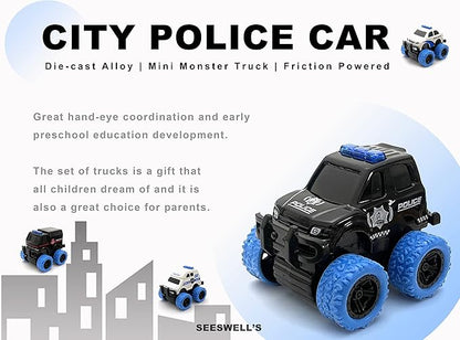 Pull Back Die-cast Alloy City Police Car Vehicles Playset, Monster Truck,Friction Powered Toy Cars,4 Pack,Toys for 3+ Years Old Kids,Christmas/Birthday Gift for Boys & Girls,Party Favors…