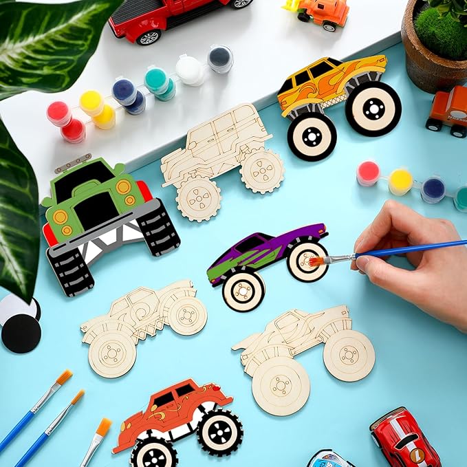 24 Pcs Unfinished Wood Monster Truck Cutouts Crafts Truck Party Favors Vehicles to Paint Wooden Car Magnets Ornaments DIY Tags Gift for Car Party Decoration Craft Project