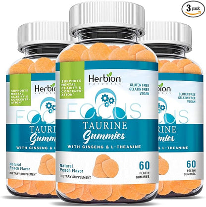 HERBION Naturals Taurine Gummies with Ginseng, L-Theanine, Vitamin C, B3, B6, & B12, Support Mental Clarity & Concentration*, Natural Peach Flavor, Gluten-Free, USA Made, 180 Count (Pack of 3)
