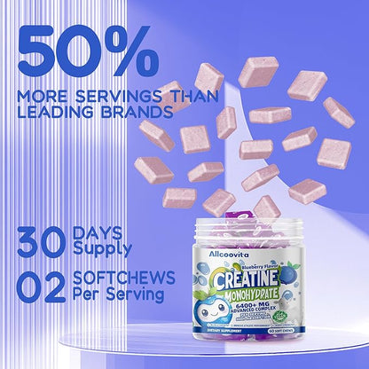 Creatine Monohydrate Chews Complex 6400mg for Men & Women -Advanced Formula W/L-Taurine + Vitamin B12, Sugar Free Chewable Supplement,60 Blueberry Softchews