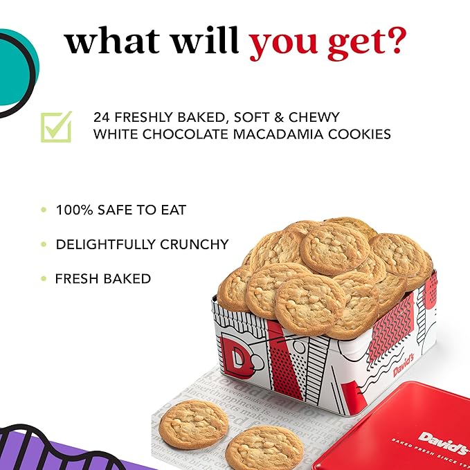David’s Cookies Fresh Baked Macadamia Nut Cookies Gift Basket – 2lbs Soft & Chewy White Chocolate Macadamia Cookies – Gourmet Bakery Dessert Gift Tin for Birthday, Holiday, Thank You & Corporate Gifts