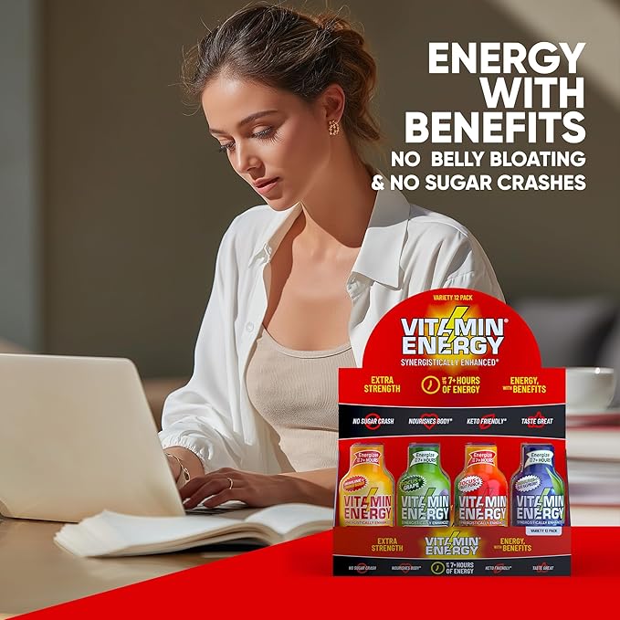 Vitamin Energy Extra Strength Daily Energy Shot – Variety Pack – 260mg Caffeine, B-Vitamins, Vitamin D, Rhodiola – Mood, Focus, Strength, Immunity – Zero Sugar, Vegan, Kosher – 1.93 fl oz, 12-Pack