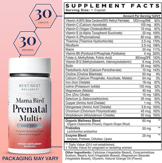 Best Nest Wellness Mama Bird Prenatal Multi Plus - Prenatal Care Supplement Supports Brain & Digestive Health - Vegan Multivitamin with L-Methylfolate, Probiotics & More - 30 Caplets (30 Servings)
