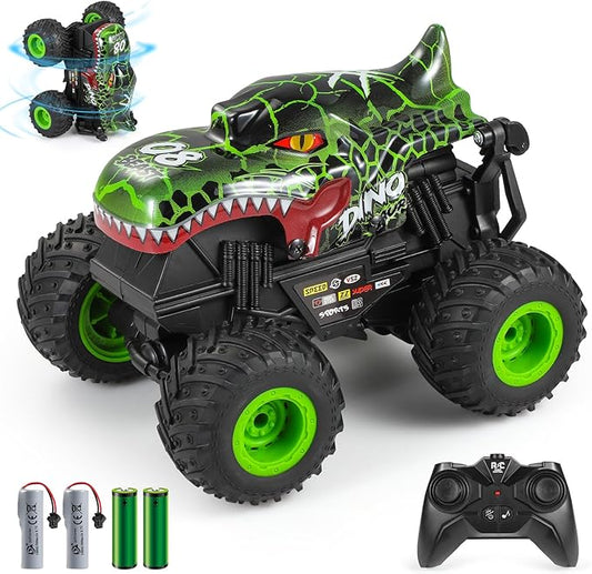 DYODYORC Remote Control Car, 2.4Ghz All Terrain Dinosaur Monster Truck Toys, RC Truck with Music, 3 Lighting Effects, 360 Stunt Capable, All included Ready to Run, Toy Gifts for Boys and Girls (Green)