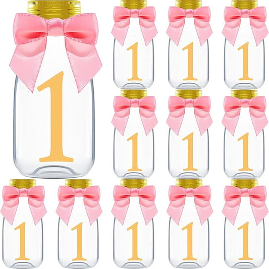 Small 12 Pack 1st Birthday Party Favors for Girls - DIY Candy Jars with Ribbons and Stickers - Baby Girl Party Decoration Bottles for First Birthday Bash - One Year Old Table Centerpieces