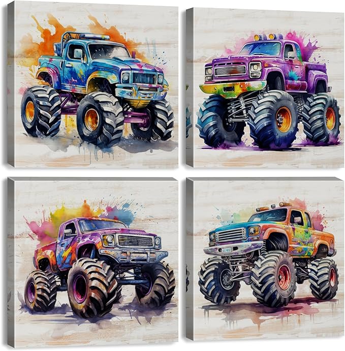 Monster Truck Canvas Wall Art Watercolor Cartoon Car Color Racing Painting Vintage Car Posters Kids Boys Room Wall Decor Trucks Poster for Boy Bedroom Nursery Paintings Children Gifts Framed 20×20"x4