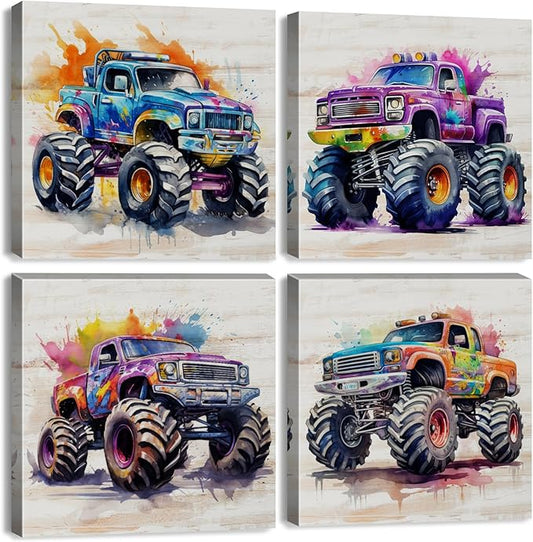 Car Room Decor Monster Truck Canvas Wall Art Framed Boys Room Rustic Farmhouse Cartoon Car Color Racing Vehicle Painting Canvas Prints Garage Playroom Men Bedroom Classroom Home Decoration 16×16" 4Pcs