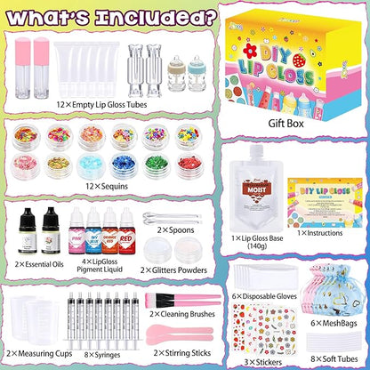 Jcoos Lip Gloss Making Kit, 73PCS Fun Make Your Own Lip Gloss Kit Kids, Beginner, Lipgloss Sets for Girls, DIY Lipstick Set, Moisturizing Lip Oil Base, Gifts for Tween Girls, Teens, Daughters, Women