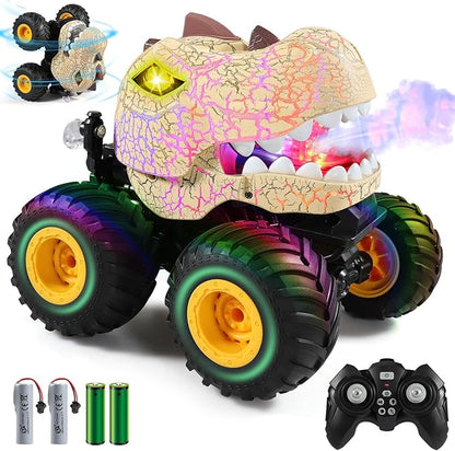 DYODYORC Remote Control Car, 2.4Ghz All Terrain Dinosaur Monster Truck Toys, RC Truck with Spay, Music, 3 Lighting Effects, Stunt Capable, Toy Gifts for Boys and Girls (Yellow)