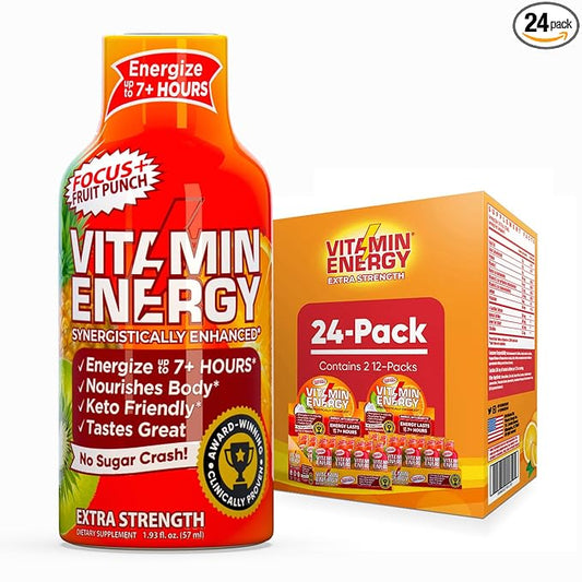 Vitamin Energy Focus+ Extra Strength Daily Energy Shot – Fruit Punch – 260mg Natural Caffeine, 100% DV B-Vitamins – Focus & Productivity Support – Zero Sugar, Vegan, Kosher – 1.93 fl oz, 24-Pack